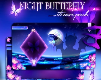 Night Butterfly Stream Overlay – Castorice Inspired, Animated VTuber Scenes, Moon Waterfall, Dragon Transition, Blue Purple, hsr
