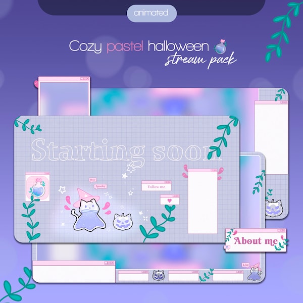 Cozy pastel Halloween Animated Stream Overlay Package / OBS, Twitch, YouTube / Spooky Cute