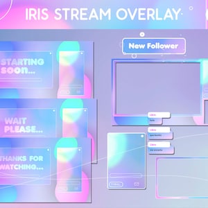 Stream overlay pack Iridescent Lofi Pastel Stream Pack for Twitch, Animated Screens, Overlay Set, Streaming Package, Aesthetic, Light Theme