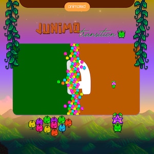 May include: Animated GIF showing a green and brown background with the text "JUNIMO transition" in a wooden font. A white letter "A" is being formed by colorful, pixelated apples falling from the top of the screen.
