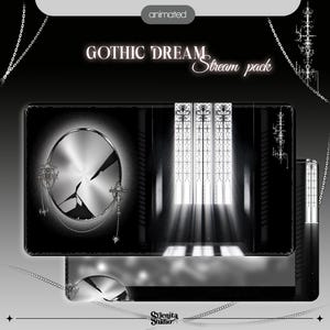 Puede incluir: Gráfico animado en blanco y negro del paquete de transmisión "Gothic Dream". El diseño presenta una ventana de catedral gótica, un espejo roto y cadenas decorativas. El texto "Gothic Dream Stream pack" se muestra en una fuente estilizada.