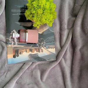 Può includere: Un flacone di profumo rosa con un tappo argentato e un tappo di vetro trasparente. Il flacone è appoggiato su una rivista con una pianta verde sullo sfondo. La rivista ha un interno di auto sulla copertina.