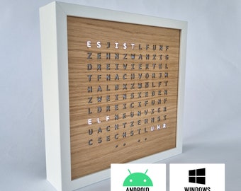 Word Clock - Halo, Wortuhr, LED Uhr, schwarzer Rahmen elektronische Uhr, moderne Uhr, Schreibtisch Clock, Holzfront