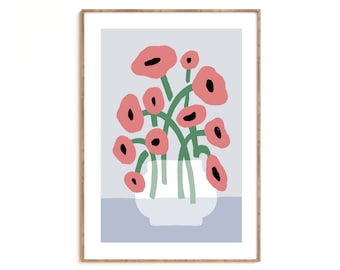 Arte de pared de flores, Ilustración floral, Póster de flores, Impresión de amapolas abstractas, Decoración del hogar, Arte de pared abstracto