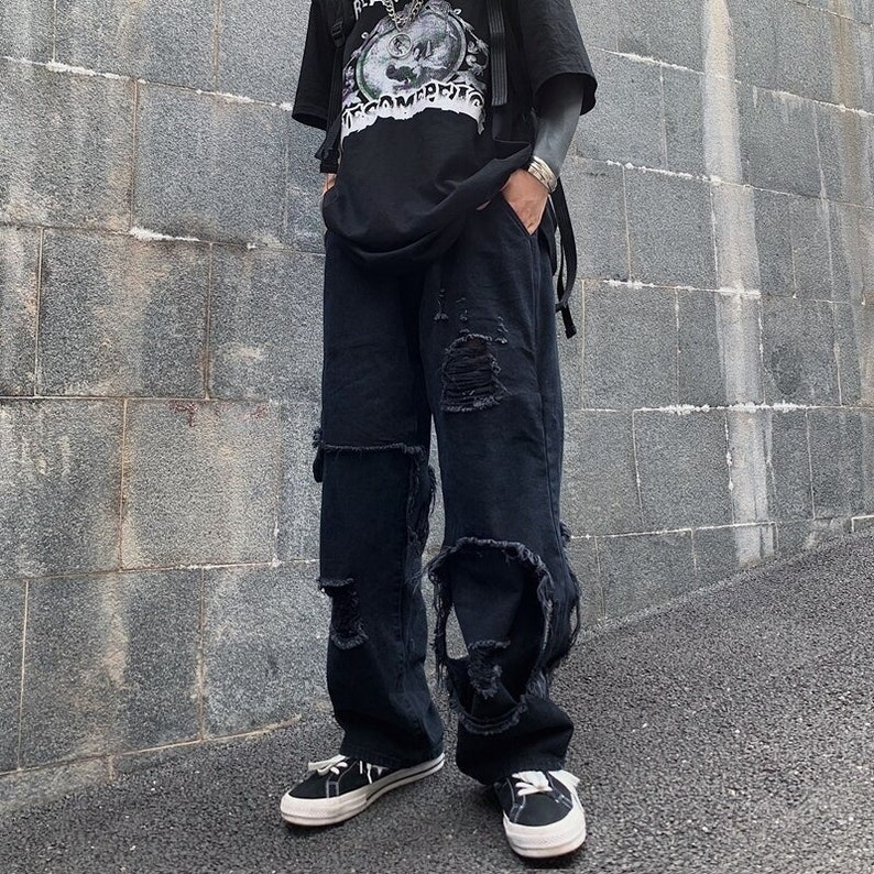 Destroyed Ripped Baggy Denim Pants Fashion Cargo Pants Jeans - Etsy