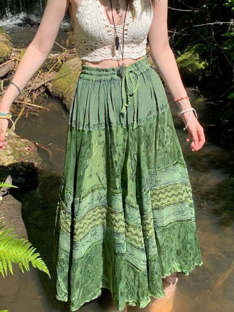 Y2k Maxi Skirt Fairy Grunge Boho Aesthetic Green Graphic Print - Etsy