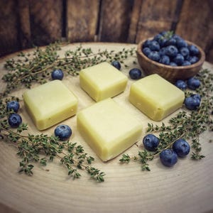 Può includere: Quattro saponi quadrati, verde chiaro, sono disposti su una superficie di legno, circondati da mirtilli freschi e rametti di timo. Una piccola ciotola di legno piena di mirtilli è sullo sfondo, creando un'estetica naturale e da spa.