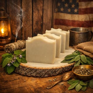 May include: Four light-colored, rectangular bars of soap are arranged on a wooden slab. The soaps are surrounded by sage, a small brass bowl, a vintage spoon, and a lit lantern. An American flag is in the background, creating a rustic, natural aesthetic.