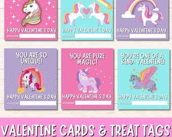 Imprima sus propias tarjetas de San Valentín de unicornio, tarjetas de San Valentín de aula de unicornio para niños, tarjetas de etiquetas de regalo de San Valentín, imprimibles