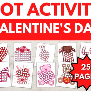 Könnte beinhalten: Valentinstag-Punkt-Aktivitätsseiten mit Designs wie Herzen, einem Umschlag, einem Bonbon, einem Schokoriegel, dem Wort "LO", einem Geschenk, einem Cupcake und einem Teddybären. Der Text "DOT ACTIVITY VALENTINE'S DAY" steht oben.