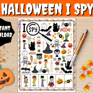 Könnte beinhalten: Ein Halloween "Ich sehe was"-Spiel mit verschiedenen gruseligen Illustrationen, darunter Kürbisse, Fledermäuse und Monster. Die Worte "Halloween I Spy" stehen oben. Ein Stift und Süßigkeiten sind ebenfalls sichtbar.