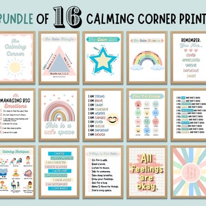 16 Calming Corner Posters Kit for Kids Calm Down Printable Homeschool Classroom Toddlers Preschool Calming Decor Art Printable