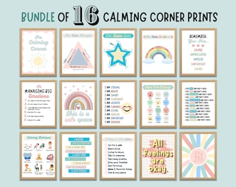 May include: A bundle of 16 framed "Calming Corner Prints" with various designs. The prints feature calming techniques, emotional regulation, and positive affirmations. The color palette includes soft pastels and earth tones, with text in a handwritten style.