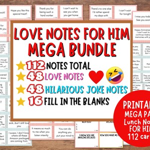 Notas de amor imprimibles, Notas de almuerzo imprimibles, Notas de la lonchera para el esposo, Mini tarjetas románticas para él, Chistes de la lonchera para él, Tarjetas de amor