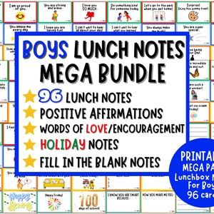 Printable Lunch Box Notes for Kids BUNDLE Lunch box Notes for BOYS, Instant Download Lunch Cards, Positive Affirmations for Kids, Lunch Note
