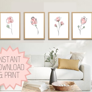 Boho Botanical Print Set of 4, Gallery Wall Art, Minimalist Wall Art Set of 4, Wild Flowers Printable Art, Floral Home Decor, Watercolor