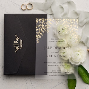 Invitation de mariage acrylique en feuille d’or avec enveloppe noire, invitation claire, design minimaliste, carte élégante