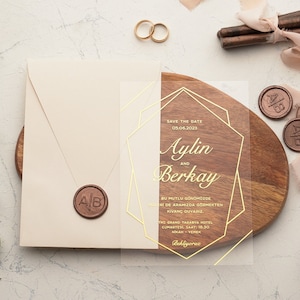 Invitation de mariage acrylique en feuille d’or avec cire, claire, transparente, invitation minimaliste personnalisée, enveloppe scellée