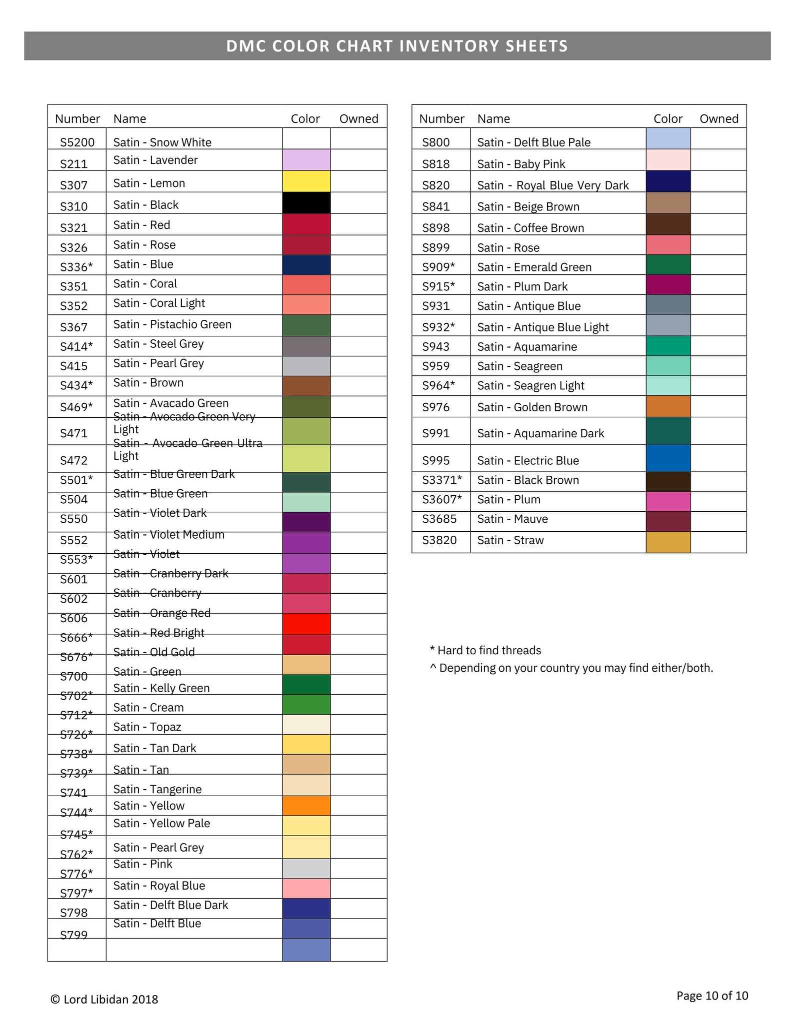 DMC Floss Color Chart PDF Download File DMC Threads Color Shade Chart