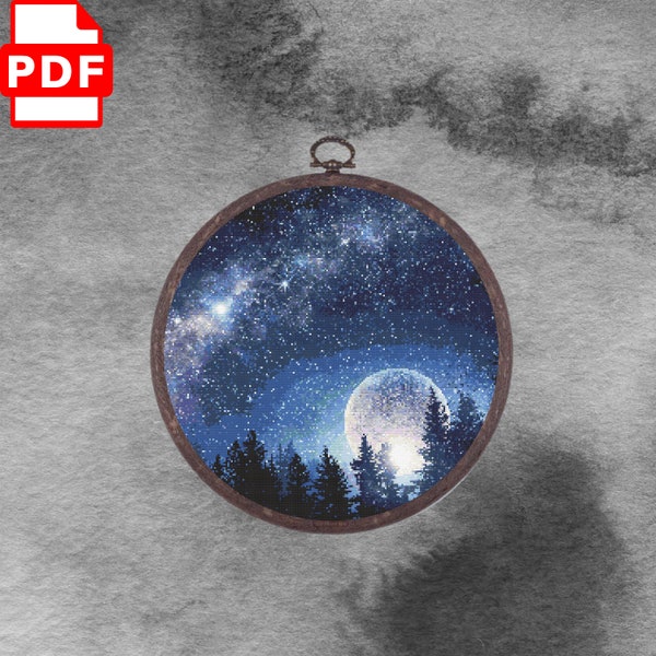 Night and Moon Landscape Cross stitch Pattern, 200x200 and 100X100  stitches two diffrent size, PDF Downloadable File