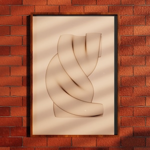 May include: A framed abstract art print featuring a beige, organic, flowing shape resembling a ribbon or a piece of fabric. The shape is twisted and turned, creating a dynamic and interesting composition.