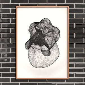 May include: A black and white line drawing of an abstract shape, framed in a light wood frame.