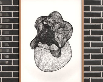 May include: A black and white line drawing of an abstract shape, framed in a light wood frame.
