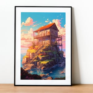Impresión de paisaje japonés de anime lofi: arte mural kawaii de ensueño