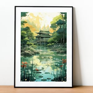 Impresión de paisaje japonés de anime lofi: arte mural pastel kawaii