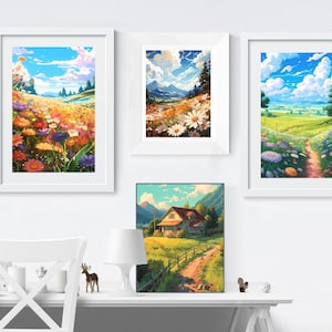 Printable Lofi Anime Flower Field Print Illustration, Lofi Aesthetic, Japan Poster, Anime Poster,  Anime Wall Decor, Lofi Anime, Anime Print