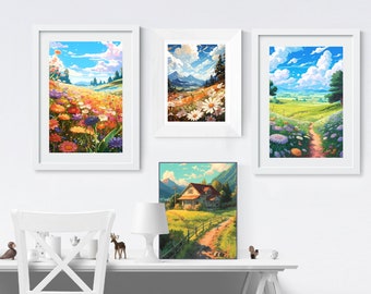 Printable Lofi Anime Flower Field Print Illustration, Lofi Aesthetic, Japan Poster, Anime Poster,  Anime Wall Decor, Lofi Anime, Anime Print