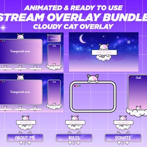 Animated Twitch Cloudy Cat Stream Overlay Package: Alerts, Panels, Loading Screens, Webcam