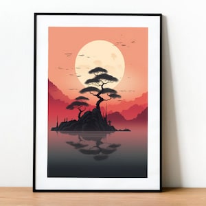 Japan Lofi Minimalistic Tree Print Illustration, Bonsai Lofi,Japan Poster,Anime Poster,Wall Art,Lofi Anime,Pastel,Anime Prints,Lofi Wall Art