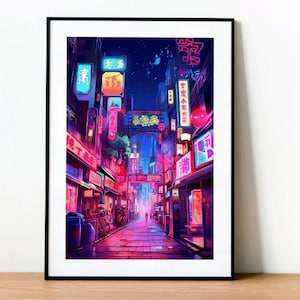 Neon Japan City Illustration: Kawaii Anime Poster, Lofi Wall Art