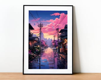 Japan Lofi Sunset Street Print: Pastel Anime Poster