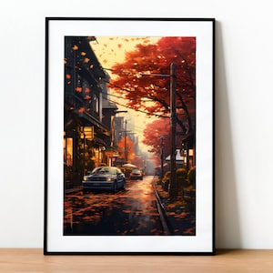 Ilustración impresa de otoño en Nueva York de estilo lofi japonés, Japón kawaii, póster de Japón, póster de anime, arte mural, anime lofi, impresiones de anime, arte mural lofi