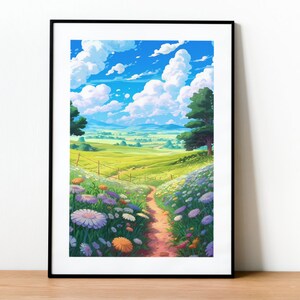 Lofi Anime Flower Field Print: Kawaii Japan Pastel Wall Art