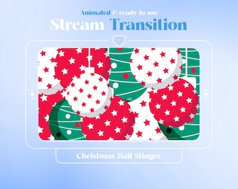 May include: Animated Christmas ball slinger transition effect for streaming. The effect features red and white Christmas balls with green and white striped ornaments.
