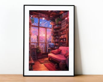 Lofi Anime Room Print: Kawaii Japan Illustration, Cosy Wall Art