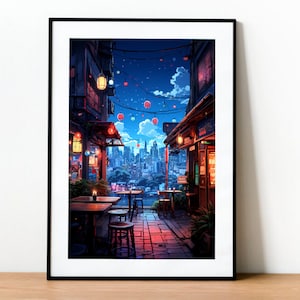 Japan Cute City Lights In Lofi Anime Style, Japan Poster, Anime Poster, Lofi Wall Art, Lofi Anime, Bedroom Decor, Anime Poster, Terrace