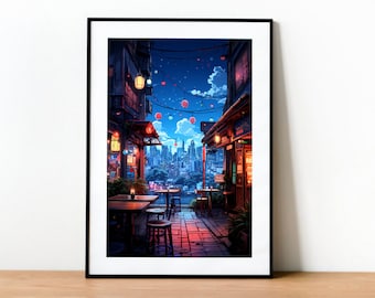 Japan Cute City Lights In Lofi Anime Style, Japan Poster, Anime Poster, Lofi Wall Art, Lofi Anime, Bedroom Decor, Anime Poster, Terrace
