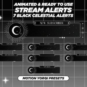 Black Celestial Moon Alertas animadas para Twitch, Blanco y negro, Luna, Zodíaco, Galaxia, Estrellas, Nuevo seguidor, Suscriptor, Donación, Anfitrión, Raid