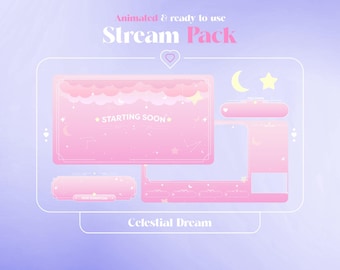 May include: A pink and white animated stream pack with a celestial theme. The pack includes a starting soon screen, a chat box, a donation panel, and a webcam overlay. The text "Celestial Dream" is at the bottom of the image.