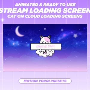 May include: Animated stream loading screen featuring a cartoon cat on a cloud with stars in the background. The text "STARTING SOON" is on a banner held by the cat.