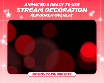 Pode incluir: Sobreposição animada de bokeh vermelho para streaming. A sobreposição apresenta um fundo preto com círculos de luz vermelhos desfocados e em movimento. O texto "MOTION YORQI PRESETS" está na parte inferior da sobreposição.