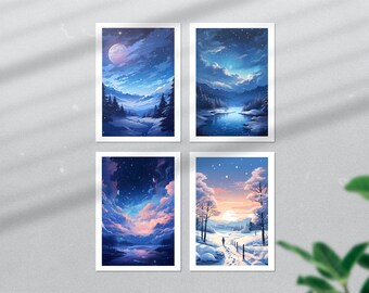 Impresión de paisaje de anime lo-fi: Ilustración de cielo nocturno (descarga digital)