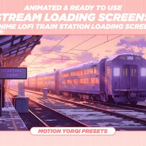 May include: Animated loading screen featuring a train station with a train pulling into the station. The sky is a vibrant pink and orange sunset. The sign on the platform reads "Starting Soon".