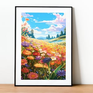 Lofi Japan Flower Field Print: Kawaii Anime Landscape Wall Art