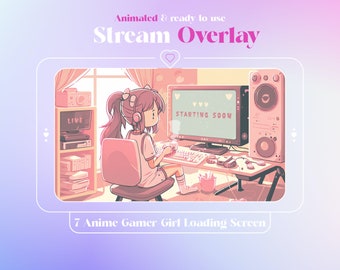 Pastel Anime Gamer Girl Animated Stream Overlay Pack: Twitch Loading Screens