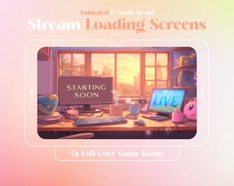 Superposición de Twitch animada para sala de juegos Lo-Fi: conjunto de pantallas de transmisión